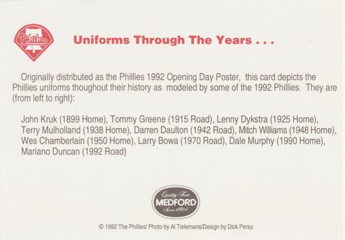 1992 Medford Philadelphia Phillies Photocards #NNO Phillies Uniforms Through the Years Back