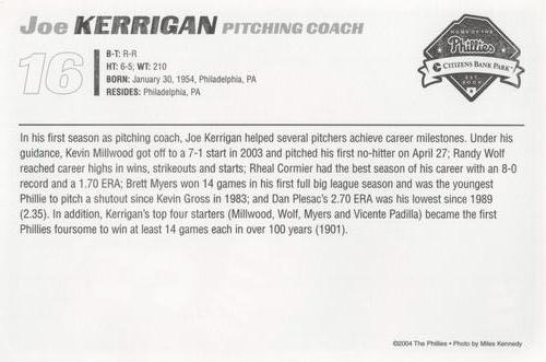 2004 Philadelphia Phillies Photocards #NNO Joe Kerrigan Back