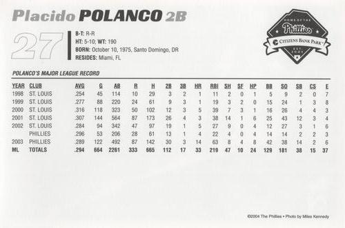 2004 Philadelphia Phillies Photocards #NNO Placido Polanco Back