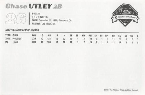 2004 Philadelphia Phillies Photocards #NNO Chase Utley Back