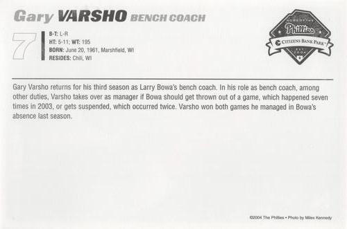 2004 Philadelphia Phillies Photocards #NNO Gary Varsho Back