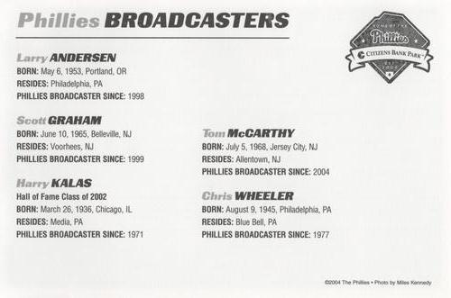 2004 Philadelphia Phillies Photocards #NNO Phillies Broadcasters Back