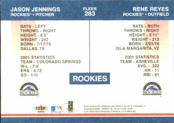 2002 Fleer Platinum #283 Jason Jennings / Rene Reyes Back