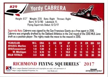 2017 Grandstand Richmond Flying Squirrels #NNO5 Yordy Cabrera Back