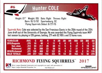2017 Grandstand Richmond Flying Squirrels #NNO6 Hunter Cole Back