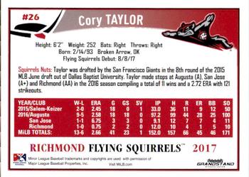 2017 Grandstand Richmond Flying Squirrels #NNO26 Cory Taylor Back