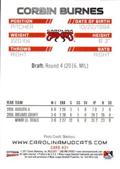 2017 Choice Carolina Mudcats #31 Corbin Burnes Back