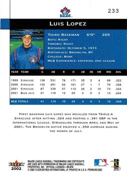 2002 Fleer Premium #233 Luis Lopez Back