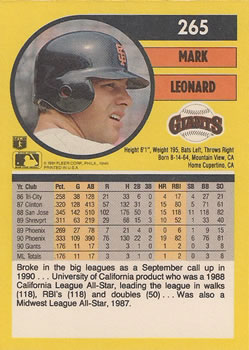 1991 Fleer #265 Mark Leonard Back