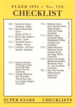 1991 Fleer #720 Checklist: Yankees / Braves / Super Stars / Checklists Back