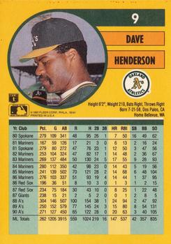 1991 Fleer #9 Dave Henderson Back