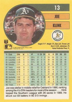 1991 Fleer #13 Joe Klink Back