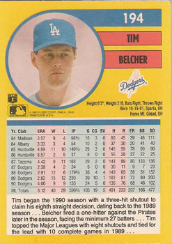 1991 Fleer #194 Tim Belcher Back