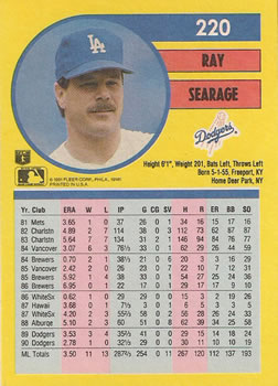1991 Fleer #220 Ray Searage Back