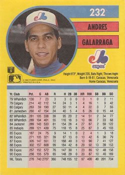 1991 Fleer #232 Andres Galarraga Back
