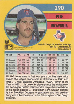 1991 Fleer #290 Pete Incaviglia Back