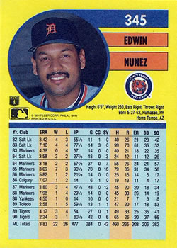 1991 Fleer #345 Edwin Nunez Back