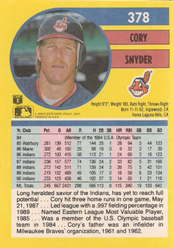 1991 Fleer #378 Cory Snyder Back