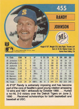 1991 Fleer #455 Randy Johnson Back