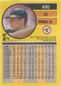 1991 Fleer #490 Cal Ripken, Jr. Back