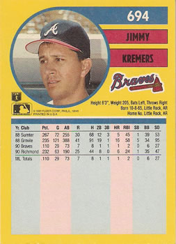 1991 Fleer #694 Jimmy Kremers Back