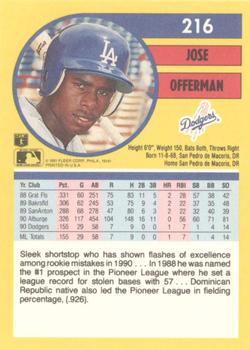 1991 Fleer #216 Jose Offerman Back