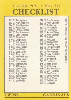 1991 Fleer #719 Checklist: Royals / Brewers / Twins / Cardinals Back