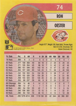 1991 Fleer #74 Ron Oester Back