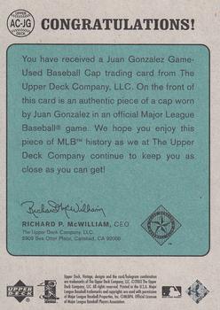 2003 Upper Deck Vintage - All Caps #AC-JG Juan Gonzalez Back
