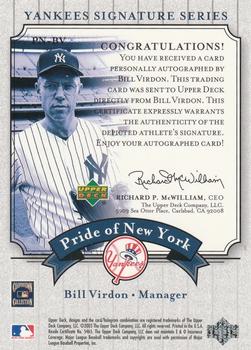2003 Upper Deck Yankees Signature Series - Pride of New York Autographs #PN-BV Bill Virdon Back