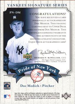 2003 Upper Deck Yankees Signature Series - Pride of New York Autographs #PN-DM Doc Medich Back
