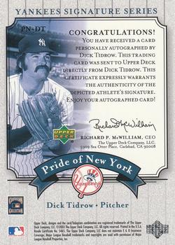 2003 Upper Deck Yankees Signature Series - Pride of New York Autographs #PN-DT Dick Tidrow Back