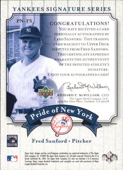 2003 Upper Deck Yankees Signature Series - Pride of New York Autographs #PN-FS Fred Sanford Back