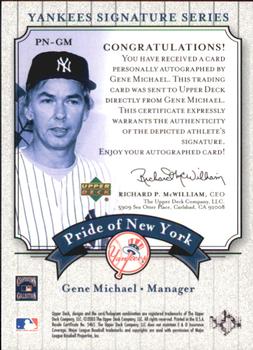 2003 Upper Deck Yankees Signature Series - Pride of New York Autographs #PN-GM Gene Michael Back