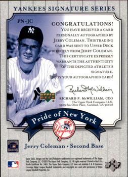 2003 Upper Deck Yankees Signature Series - Pride of New York Autographs #PN-JC Jerry Coleman Back