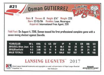 2017 Grandstand Lansing Lugnuts #NNO Osman Gutierrez Back