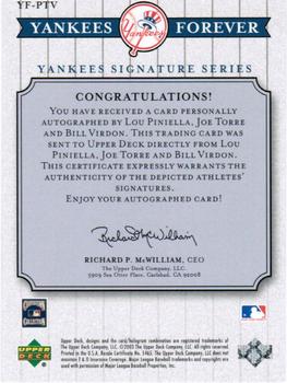 2003 Upper Deck Yankees Signature Series - Yankees Forever Autographs #YF-PTV Lou Piniella / Joe Torre / Bill Virdon Back