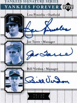 2003 Upper Deck Yankees Signature Series - Yankees Forever Autographs #YF-PTV Lou Piniella / Joe Torre / Bill Virdon Front