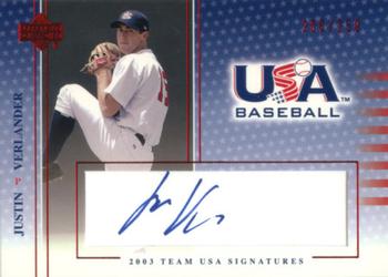 2003 Upper Deck USA Baseball National Team - 2003 Team USA Signatures Blue Ink #S-5 Justin Verlander Front