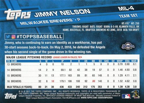 2017 Topps Milwaukee Brewers 5x7 #MIL-4 Jimmy Nelson Back