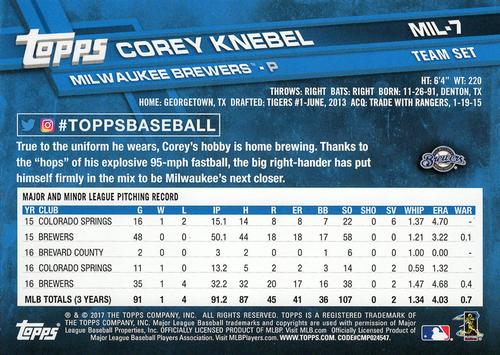 2017 Topps Milwaukee Brewers 5x7 #MIL-7 Corey Knebel Back