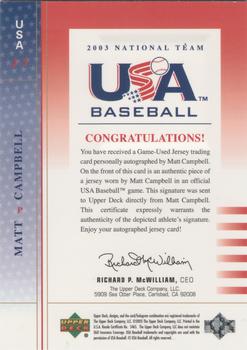 2003 Upper Deck USA Baseball National Team - 2003 Team USA Signed Jerseys Blue Ink #USA J-7 Matt Campbell Back