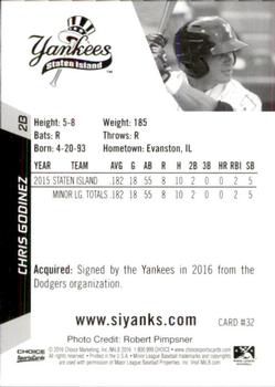 2016 Choice Staten Island Yankees #32 Chris Godinez Back