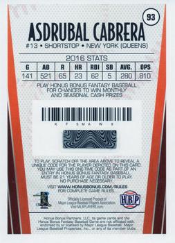 2017 Honus Bonus Fantasy Baseball #93 Asdrubal Cabrera Back