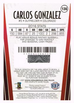 2017 Honus Bonus Fantasy Baseball #136 Carlos Gonzalez Back