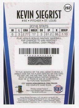 2017 Honus Bonus Fantasy Baseball #262 Kevin Siegrist Back