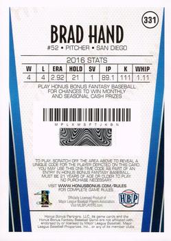 2017 Honus Bonus Fantasy Baseball #331 Brad Hand Back