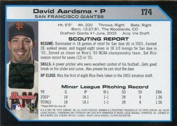 2004 Bowman - Autographs #174 David Aardsma Back