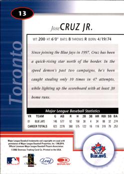 2002 Leaf Certified #13 Jose Cruz Jr. Back
