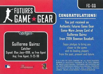 2004 Bowman - Futures Game Gear Jersey Relics #FG-GQ Guillermo Quiroz Back